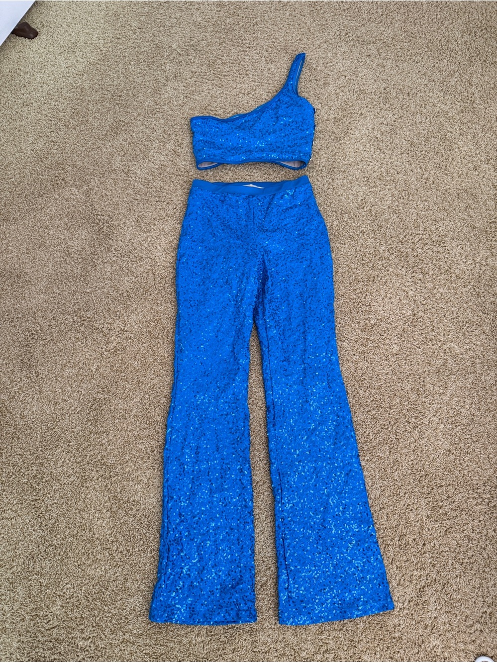 Weissman Electric Blue Sequin One-Shoulder Crop Top & Wide Leg Pants